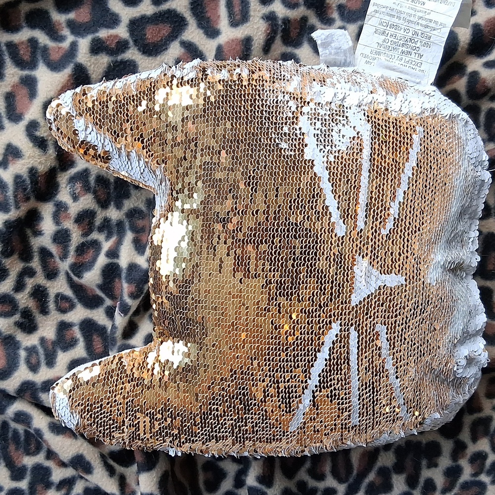 Sequined  Shiny Cat Pillow Gold And White 11.5”